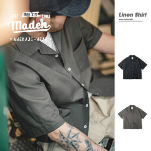 2024แบรนด์ MADEN ฤดูร้อนใหม่ล่าสุดผู้ชายวัยรุ่นญี่ปุ่นย้อนยุคคอหลวมแขนสั้นสีกากีลำลองชายเสื้อภูเขาฤดูร้อน