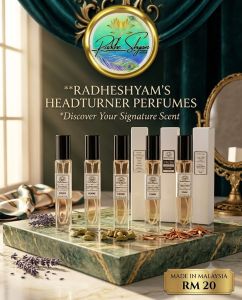 Radheshyams Headturner Perfumes - Discover Your Signature Scent - Made in Malaysia - RM 20 - 6 Fragrance Variants - Elegant Glass Bottles - Marble Display - Lavender and Spices - Luxury Setting