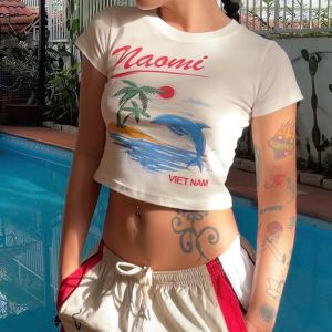 Spicy Girl Short Top Female Knitting round Neck Beach Print Short Sleeve T-Shirt Casual Tops Women