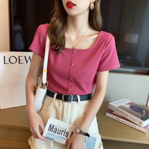 YOLO Korean Version Of The New Lady Retro French T-Shirt Square Collar Short Sleeves