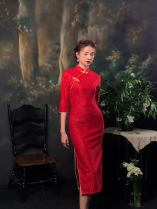 daidai (Ready Stock) Women Lace Embroidered Qipao Beaded Wedding Bride Long CNY Cheongsam Dress Prom Red 酒红色旗袍结婚新娘连衣裙中式