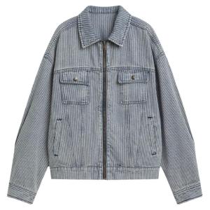 Octopusme Vintage Washed Heavy Duty Loose Casual Striped Denim Jacket Womens Commute Style Cotton Polyester Blend Zipper Closure