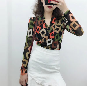 Retro Hong Kong Style Chic Gentle Personality Slim Fit Lace Top V Neck Base Shirt Spring Autumn Wear Transparent Long Sleeve