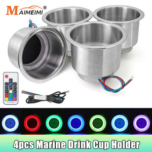 4pcs Marine Boat Stainless Steel Recessed Cup Shape Drink Holder 12V LED Light With Remote RGB Lights Cup Drink Bottle Holder