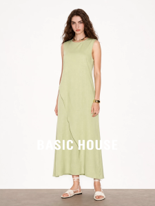 Basic House | Light Green Round Neck Sleeveless Straight Tube Dress Waist-cinching Summer Ladies Dress