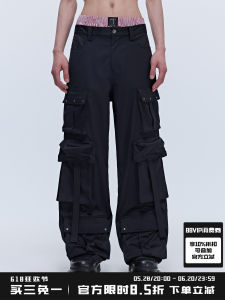 กางเกงทำงานทรงหลวมสีดำ ทรงหลวม ทรงหลวม ทรงหลวม กางเกงขายาวผ้าซาตินหลายกระเป๋า ทรงเข้ารูป สไตล์ฮิปฮอป เทรนด์ฤดูใบไม้ผลิ