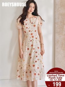Roey s house | French Vacation Style Puff Sleeves High-Waisted Swing Dress