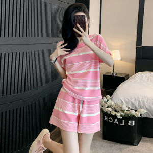 Fashionable Loose Casual Short Sleeve Womens Set Summer Street Style Striped T-Shirt Shorts Two-Piece Suit round Neck Overhead