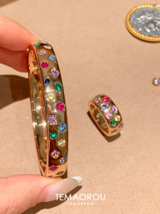 Colorful Embedded Bracelets And Rings Set for Women Non-Fading Wide Edge Fashion Jewelry Replacement High-End Feel Special