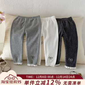 Spring Autumn Girls Casual Long Pants Floral Edge Base Layer Pants Outerwear Childrens Clothes Korean Style Cotton Fabric