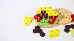 Montessori Hamburger Building Blocks Wooden Geometric Sorting and Stacking Toy Early Educational Learning Color Recognition Game