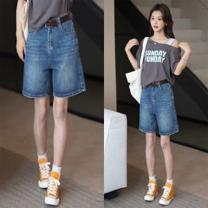 กางเกงขาสั้นยีนส์ทรงตรงเอวสูงสำหรับผู้หญิงไซส์ใหญ่ในช่วงฤดูร้อนปี 2025 กางเกงขาสั้นทรงตรงทรงเข็มขัดแบบลำลอง กางเกงยีนส์ทรงเข้ารูปสำหรับผู้หญิง