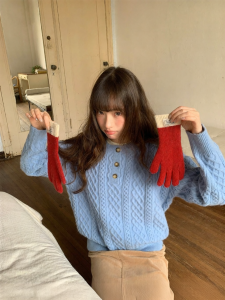 NIHAOKANONG | Áo Sweater Cable Knit Cổ Henry Vintage Đỏng Đào