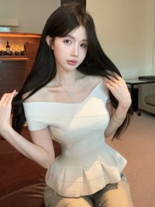 GUZILIAN | French Style Shoulder Bared Elastic Bandage Short Sleeve Slim Fit T-Shirt Summer New Casual Style Polyester Fiber Regular Sleeve