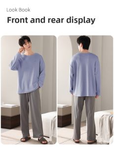 MiiOW | Mens Pure Cotton Sleepwear Long Sleeve Round Neck Pullover Set Casual Home Clothes Spring Autumn Wearable Comfortable Breathable
