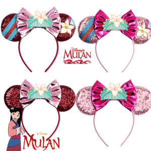 Disney Mulan Hairband Girl Cartoon Anime Mickey Ears Headband Kids Magnolia Flower Sequins Bow Hair Accessories Women Carnival