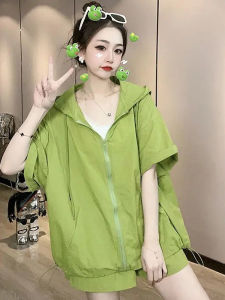 Summer 2025 Fashionable Casual Hooded Short Sleeve Womens Sun Protection Jacket Shorts Set Sporty Two-Piece Ensemble