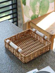 Japanese Style Wicker Simulation Storage Basket Simple Wood Handle Living Room Tea Table Snack Basket Desktop Miscellaneous Organizer Basket