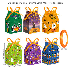 24pcs Halloween Candy Treat Box with Ribbon House Shape Trick or Treat Gift Boxes Halloween Party Favor Wrapping Supplies