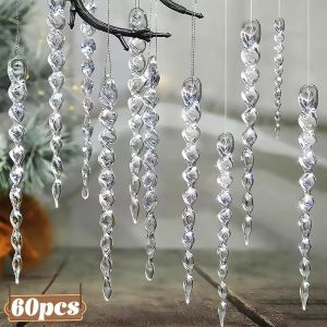60/12x Crystal Clear Icicle Pendants Transparent Christmas Tree Hanging Ornaments Holiday Winter Party Home Decoration Wholesale