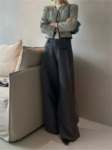 Quần Ống Rộng Cạp Cao Màu Xám Cổ Điển Cho Nữ Mùa Xuân Thu Phong Cách Hàn Quốc Quần Dài Ống Đứng Rộng Rãi Thoải Mái