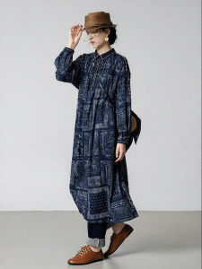 Retro Printed Cotton Maxi Shirt Dress