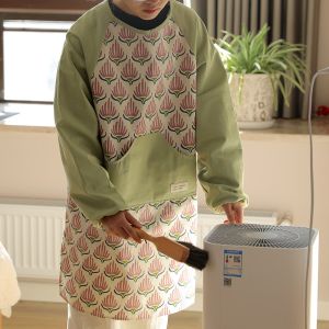 Printed Long-sleeve Waterproof Apron with Pocket for Kitchen Garden Anti-dirty Housework Cooking Cleaning Pinafore Work Apron