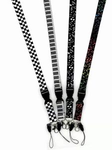Black White Grid Music Note Keychain Lanyard Work ID Badge Mobile Phone Necklace Clip Buckle Hanging Rope Accessories