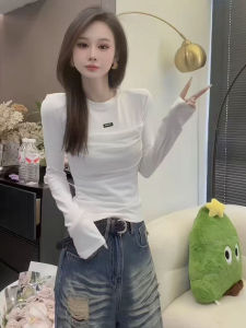 Fashionable round Neck Splice Long Sleeve T-Shirt Womens Anti-Aging Base Shirt Top Pure Desire Style Casual Loose Fit