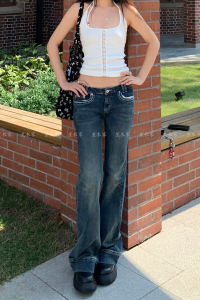 Slimming Blue Vintage Washed Low Waist Bell Bottom Jeans Womens Summer Y2K Millennium Style Fashionable Long Pants