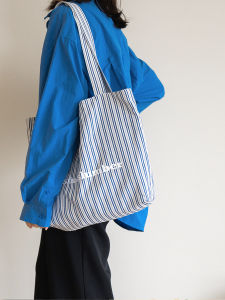 Moregool 24/SS Original Dark Blue Stripes Print Single Shoulder Canvas Bag Daily Lightweight Cotton Tote Bag