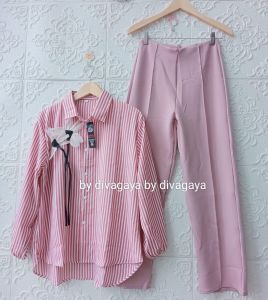 Setelan Wanita Himawari Atasan Blouse Crincle Motif Salur Celana Kulot Scuba Panjang Fashion Kekinian