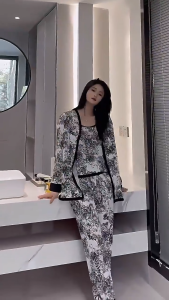 UNINICE [COD] Womens Silk Pajama Set With Chinese Ink Painting Motif 4-pcs Set