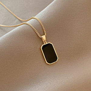 Minimalist 18K Gold Plated Necklace Black Enamel Necklace Stainless Steel Pendant Necklace for Women