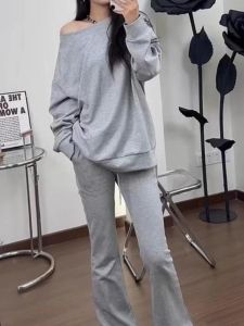 2025 Autumn New Fashionable Korean Style Shoulder Bared Side Collar Sweatshirt High Waist Wide Leg Pants Womens Set