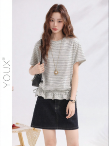 YOUXIANG | Áo Thun Ôm Body Có Dây Kéo Stripe