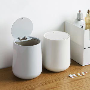 Bongjia Office Desktop Trash Can Mini Press Type Waste Box Creative Paper Basket round Barrel Shape Plastic Storage Bin