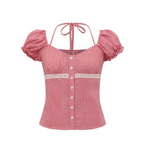 Halter Plaid Puff Sleeve Slim Fit Shaping V-Neck Womens Blouse