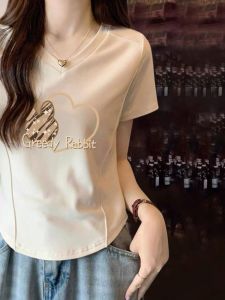 Pure Cotton V-Neck Short Sleeve T-Shirt Womens Summer New Design Sensation Waist Inward Irregular Fishbone Top