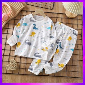 New 2024 Barababa Childrens Pure Cotton Home Clothes Set Summer Long Sleeve Sleepwear Thin Air Conditioner Suit Boys Girls