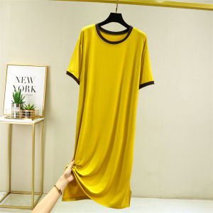 Womens Modal Short Sleeve Dress Summer Loose Thin Sleepwear Home Clothes Versatile Base Long Dress Commute Style round Neck