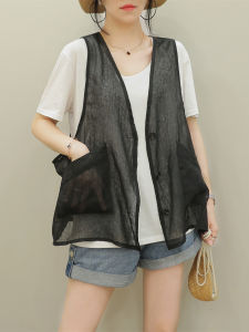เสื้อกั๊กแขนกุดผ้าฝ้ายลินินหลวมๆ แฟชั่นฤดูร้อนสำหรับผู้หญิง เสื้อคลุมกันหนาวแบบเปิดไหล่ ทรงหลวม ไม่มีแขน ขนาดใหญ่ คอวี ปกติ
