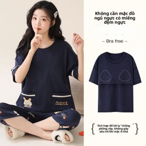 Bộ Đồ Ngủ Cotton Nguyên Chất Mùa Hè Có Đệm Ngực Áo Chui Đầu Cổ Tròn Tay Ngắn Quần Dài Đến Đầu Gối Mặc Nhà Cỡ Lớn