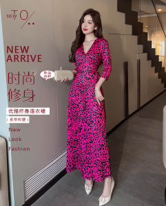 Bohemia Style Slim Fit Long Dress with Printed Bow Decoration High Waist Summer V-Neck Dress for Women