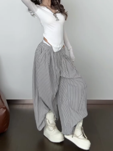 American Retro Striped Wide Leg Pants Women Loose Casual Walking Trousers High Waist Pleated Straight Leg Long Pants