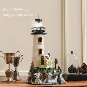 1092PCS Electric Lighthouse Building Blocks Fishermans Hut Glowing Lighthouse Assembly Bricks Desktop Ornaments DIY Toys Gifts