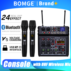 4 Channel Audio Mixer with UHF Wireless Microphone Sound Table Bluetooth Console DJ Mixing for Party Karaoke Machine Soundbar
