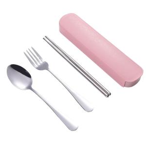Portable Stainless Steel Cutlery Set for One Person Three-Piece Set including Chopsticks Fork Spoon Storage Box Student Organizer