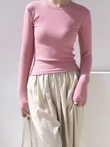 Slim Fit round Neck Long Sleeve T-Shirt Pink Simple Base Layer Shirt Womens New 2025 Spring Autumn Thin Korean Style Knitted Top