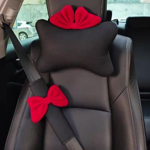 1pc Cute Cartoon Red Bowknot Car Neck Pillow Universal Auto Seat Headrest Support Seatbelt Cover Car Accessories for Women
